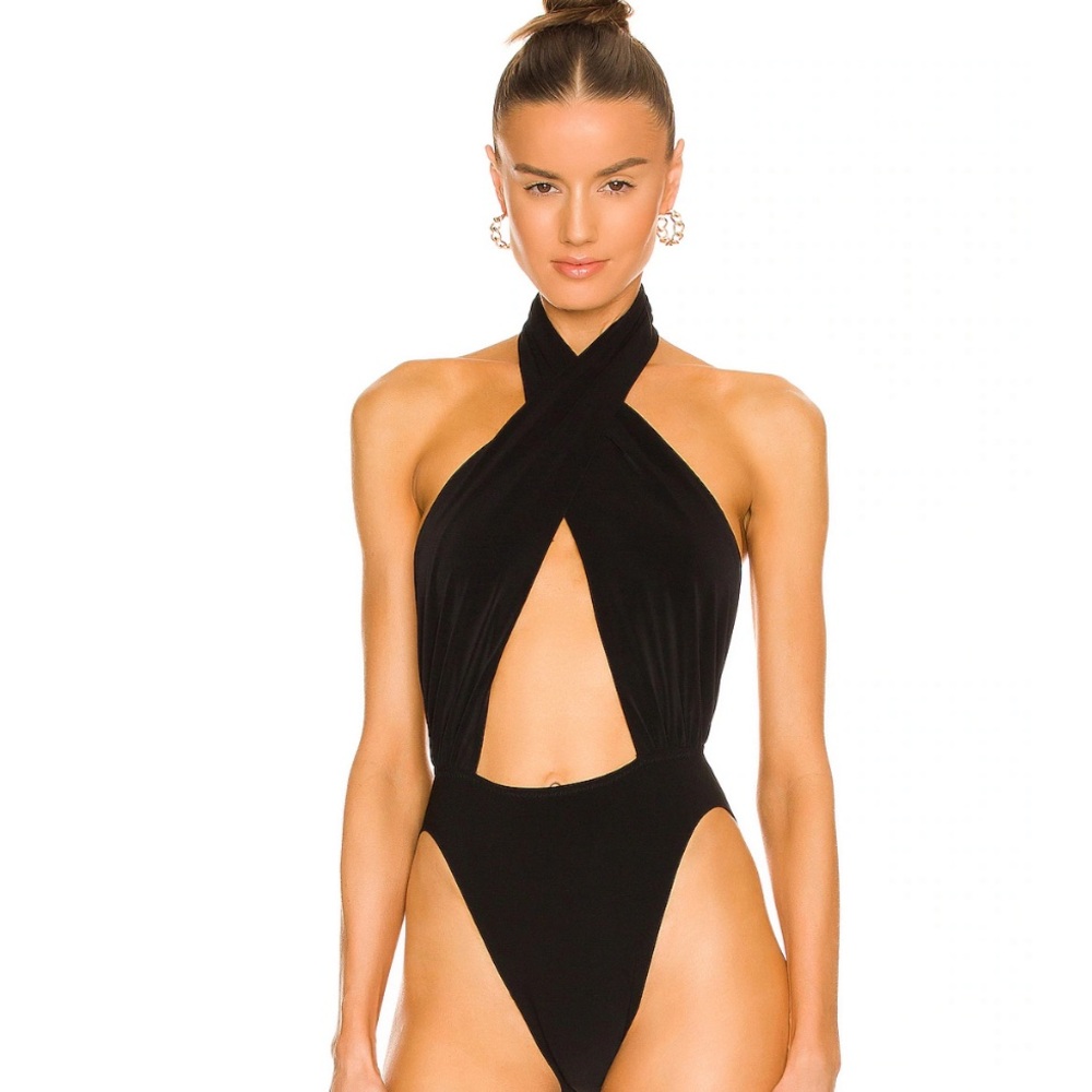 NORMA KAMALI Cross Halter Bodysuit, Black